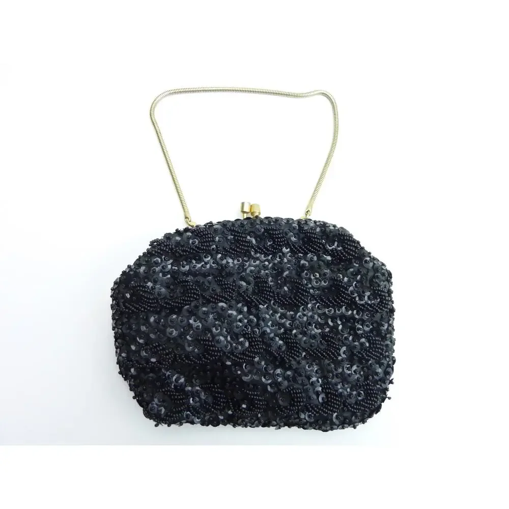 Vintage Womens Hand Beaded Evening Bag Black Gold Chain Kiss Lock Clutch Purse